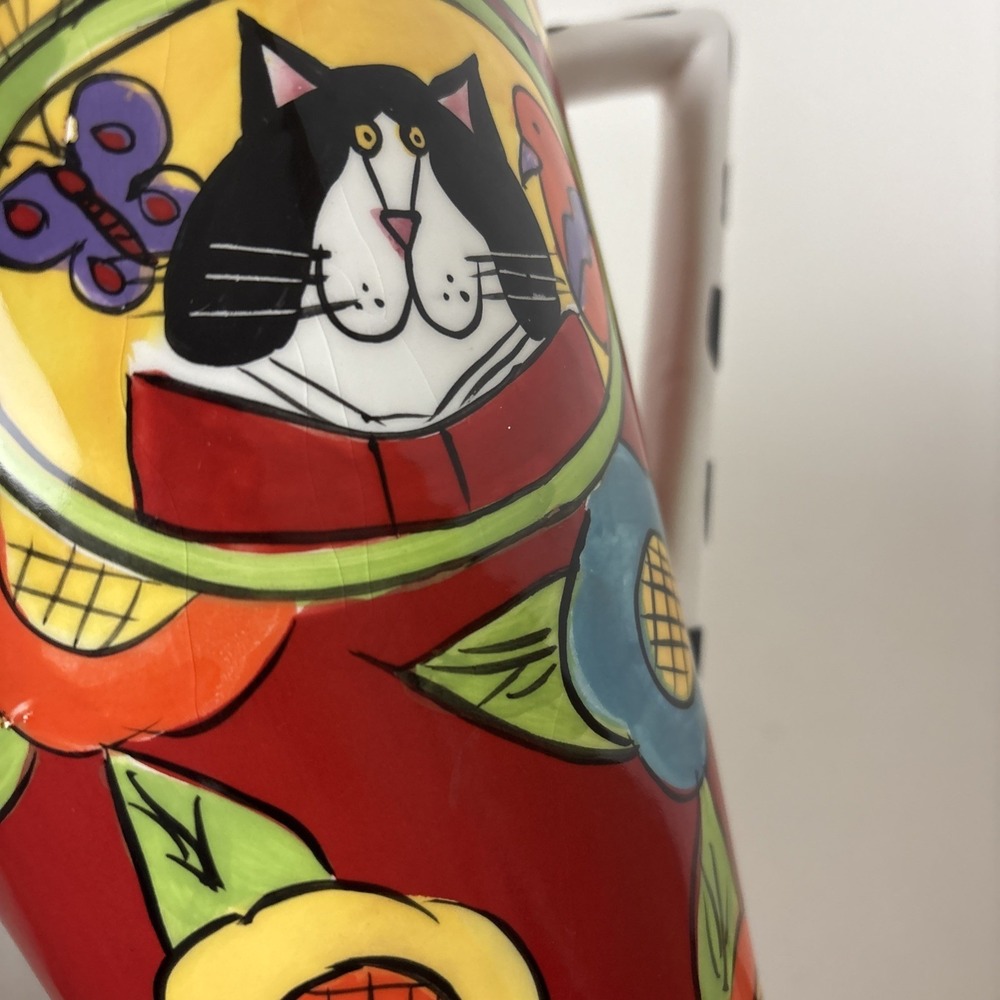 Catzilla Pedestal Pitcher By Candace Reiter Colorful Artsy Flowers Cat Design - Picture 9 of 14